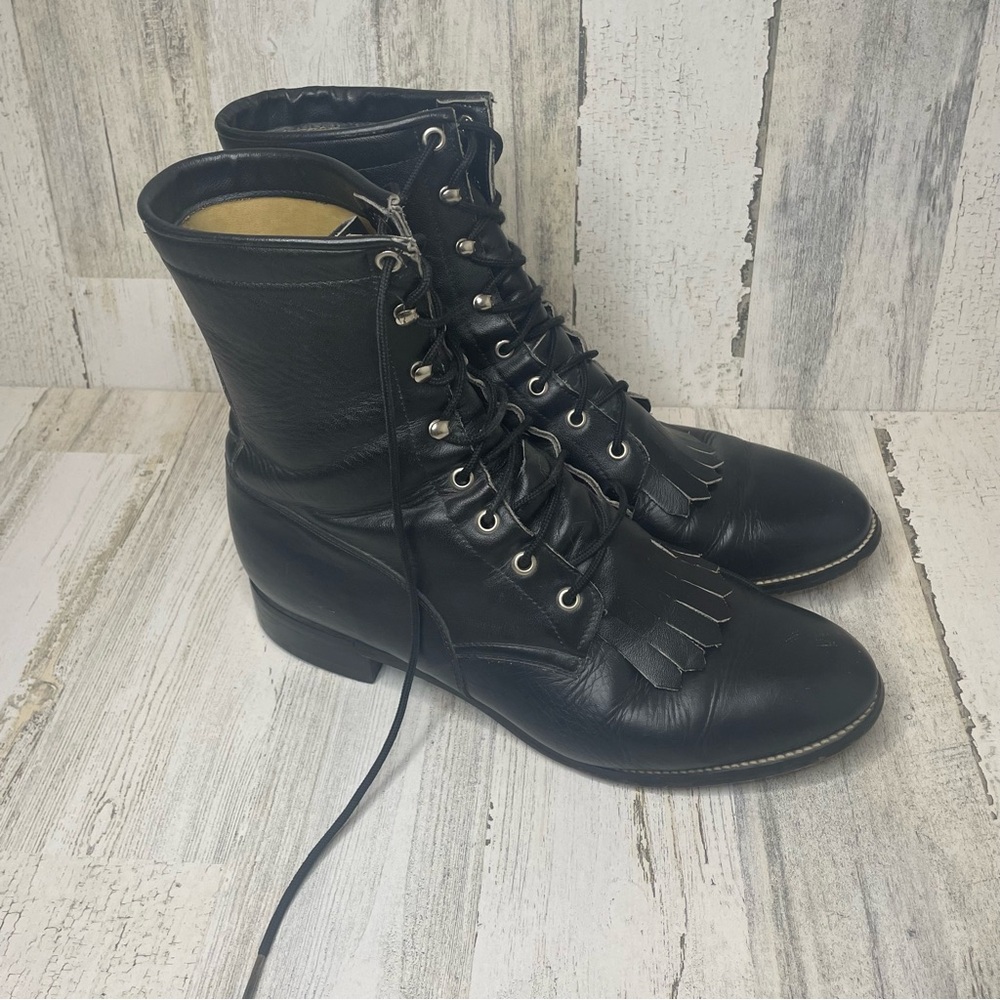 Justin Vintage Roper Fringe Lace Up Cowboy Boots-Black size 10 Military Rodeo - Picture 2 of 11